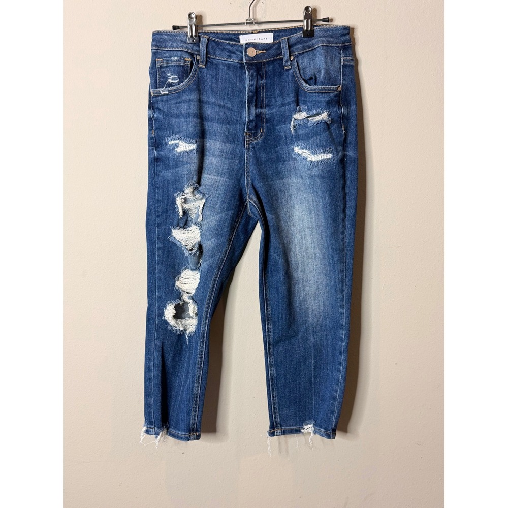 Risen Jeans Distressed Cropped Women 9/29 Blue High Rise Raw Hem Shredded